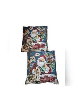 VTG SANTA CLAUS tapestry cushions roped edging zip closure Holiday decor Set 2